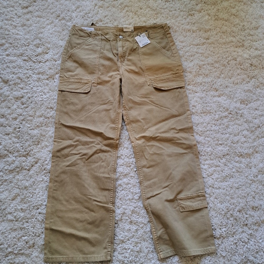 Zara Womens Khaki Tan Cargo Pants Mid Rise Straight Leg Utility Trousers Size 14